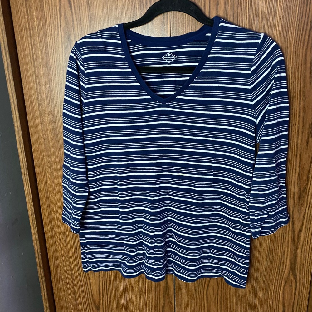 St. John's Bay Striped V-Neck Tee Women L Navy White 3/4 Sleeve Cotton Top